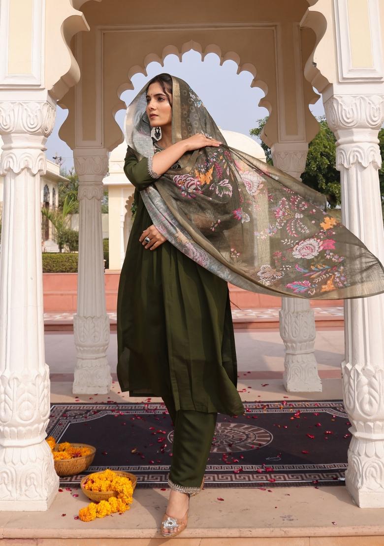 Green Resham Embroidery Art Silk Kurta Set - Indya