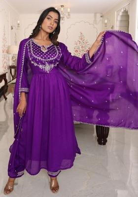 Purple Resham Embroidery Art Silk Kurta Set