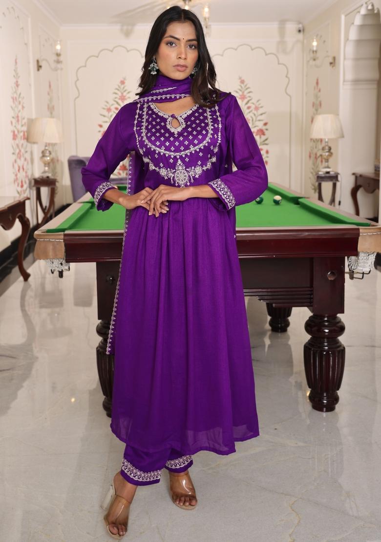 Purple Resham Embroidery Art Silk Kurta Set - Indya