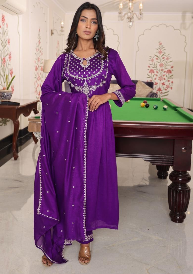 Purple Resham Embroidery Art Silk Kurta Set - Indya
