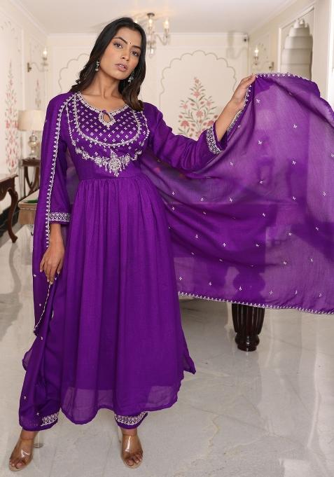 Purple Resham Embroidery Art Silk Kurta Set