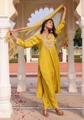 Yellow Resham Embroidery Art Silk Kurta Set