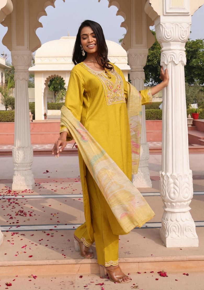 Yellow Resham Embroidery Art Silk Kurta Set - Indya