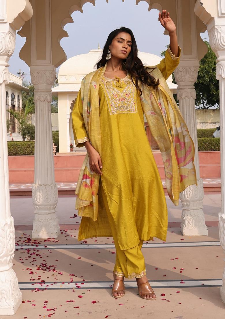 Yellow Resham Embroidery Art Silk Kurta Set - Indya