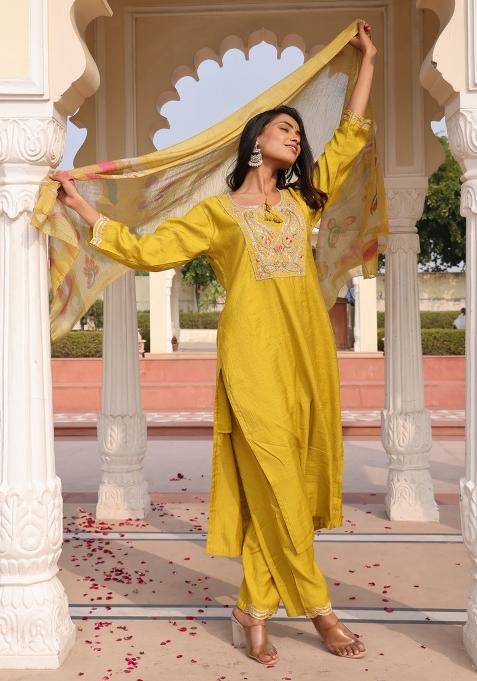 Yellow Resham Embroidery Art Silk Kurta Set