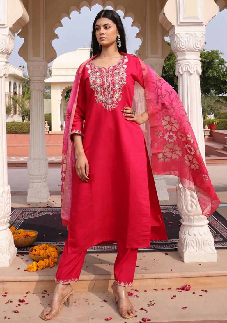 Pink Resham Embroidery Art Silk Kurta Set - Indya