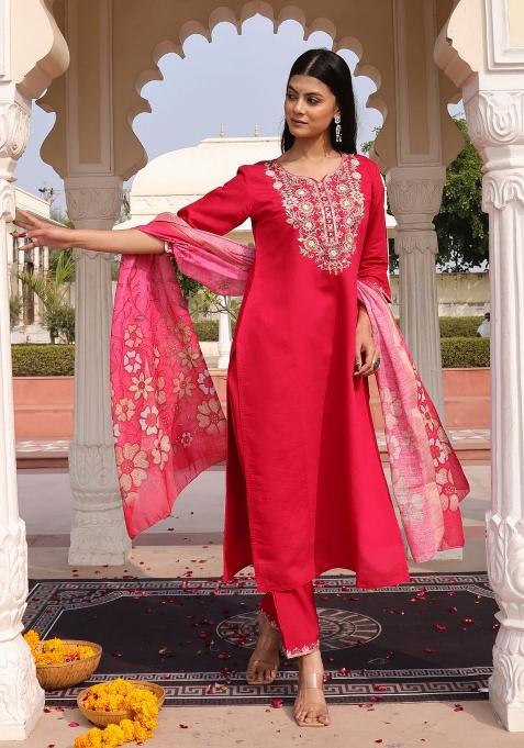 Pink Resham Embroidery Art Silk Kurta Set