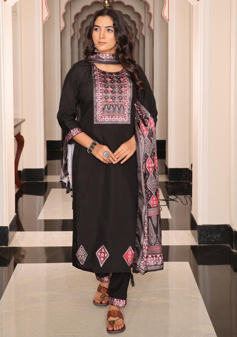 Black Resham Embroidery Viscose Kurta Set - Indya