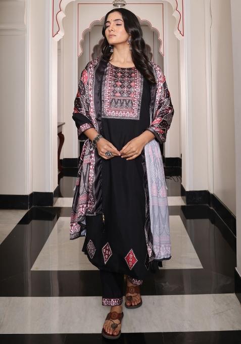 Black Resham Embroidery Viscose Kurta Set