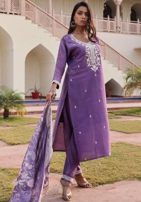 Lavender Resham Embroidery Art Silk Kurta Set