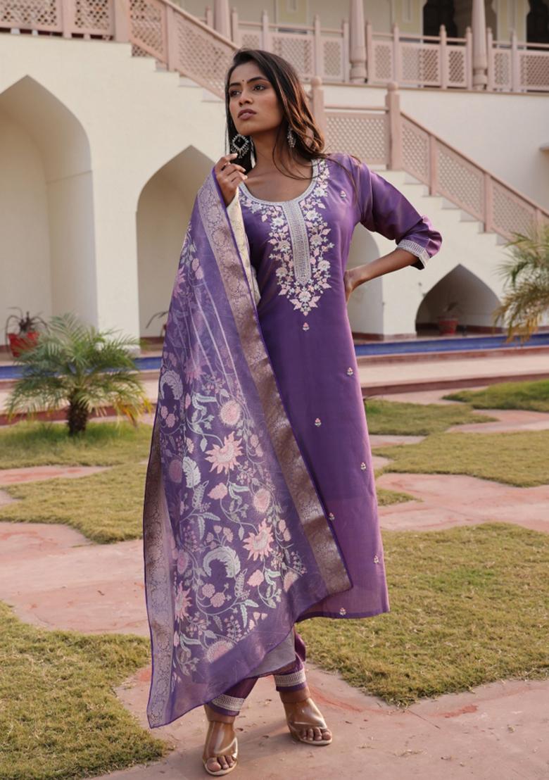 Lavender Resham Embroidery Art Silk Kurta Set - Indya