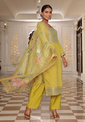 Yellow Resham Embroidery Art Silk Kurta Set