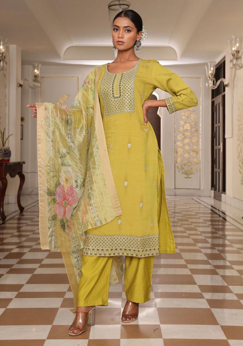Yellow Resham Embroidery Art Silk Kurta Set - Indya