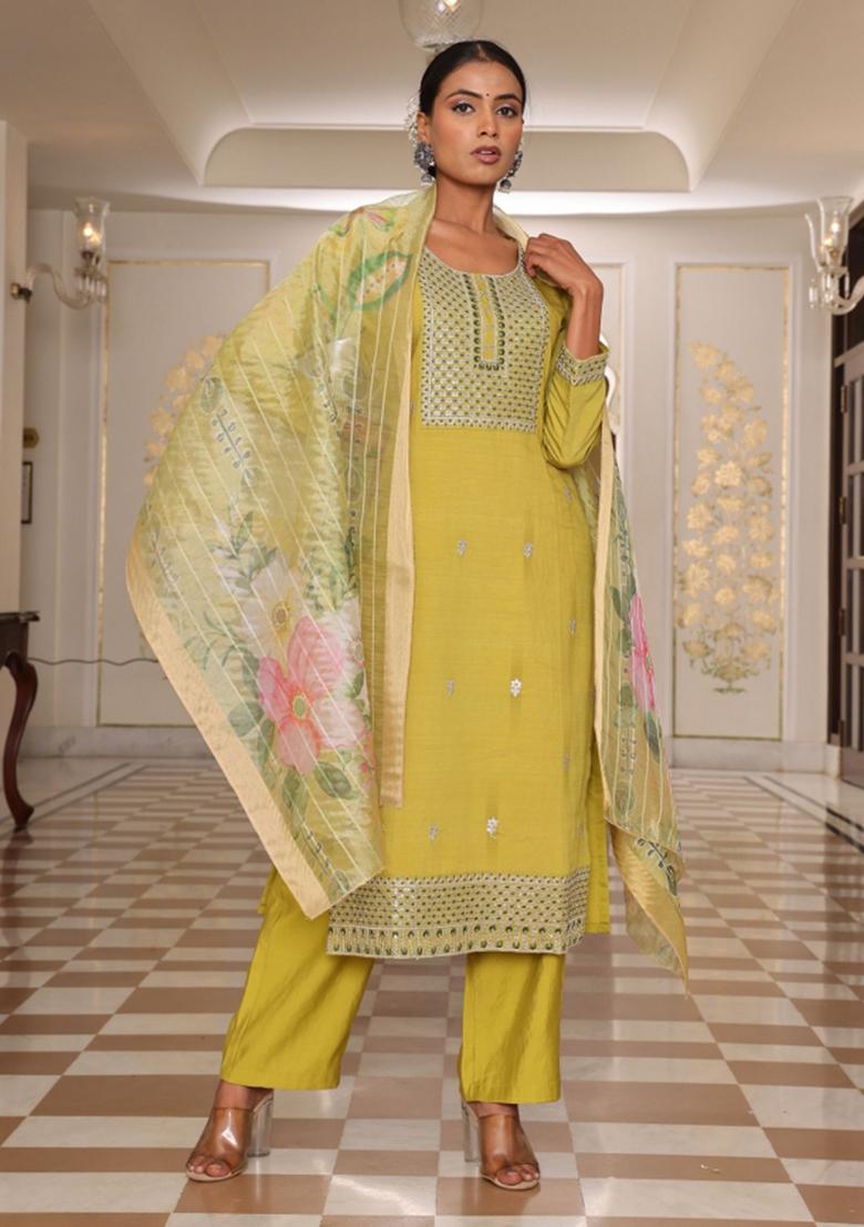 Yellow Resham Embroidery Art Silk Kurta Set - Indya