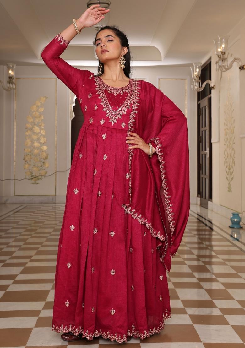Pink Resham Embroidery Art Silk Kurta Set - Indya