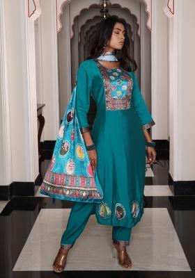 Blue Resham Embroidery Viscose Kurta Set