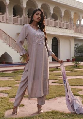 Beige Resham Embroidery Art Silk Kurta Set