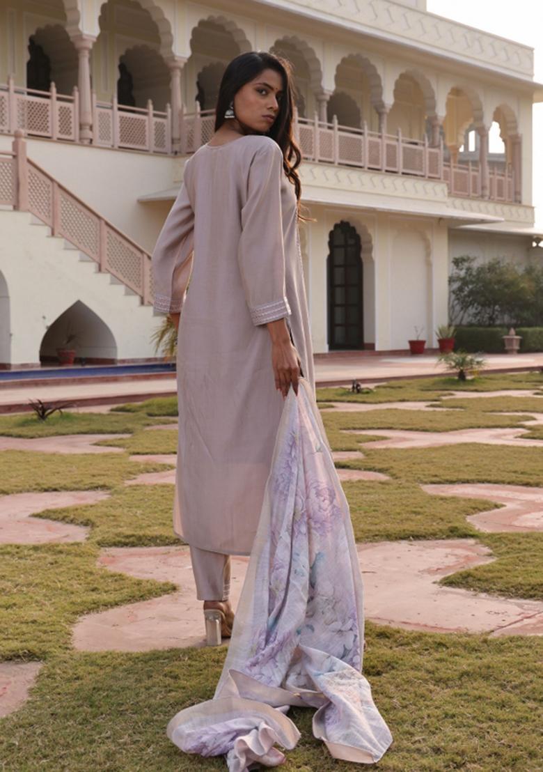 Beige Resham Embroidery Art Silk Kurta Set - Indya