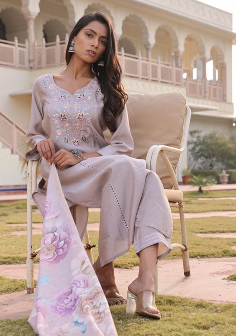 Beige Resham Embroidery Art Silk Kurta Set - Indya