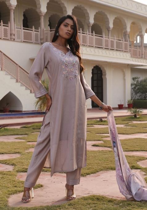 Beige Resham Embroidery Art Silk Kurta Set