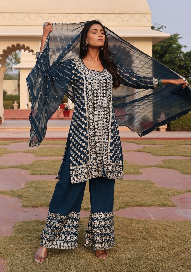 Teal Resham Embroidery Georgette Kurta Set - Indya