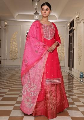 Pink Resham Embroidery Art Silk Kurta Set
