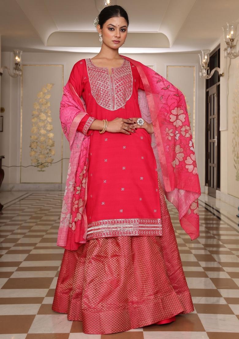 Pink Resham Embroidery Art Silk Kurta Set - Indya