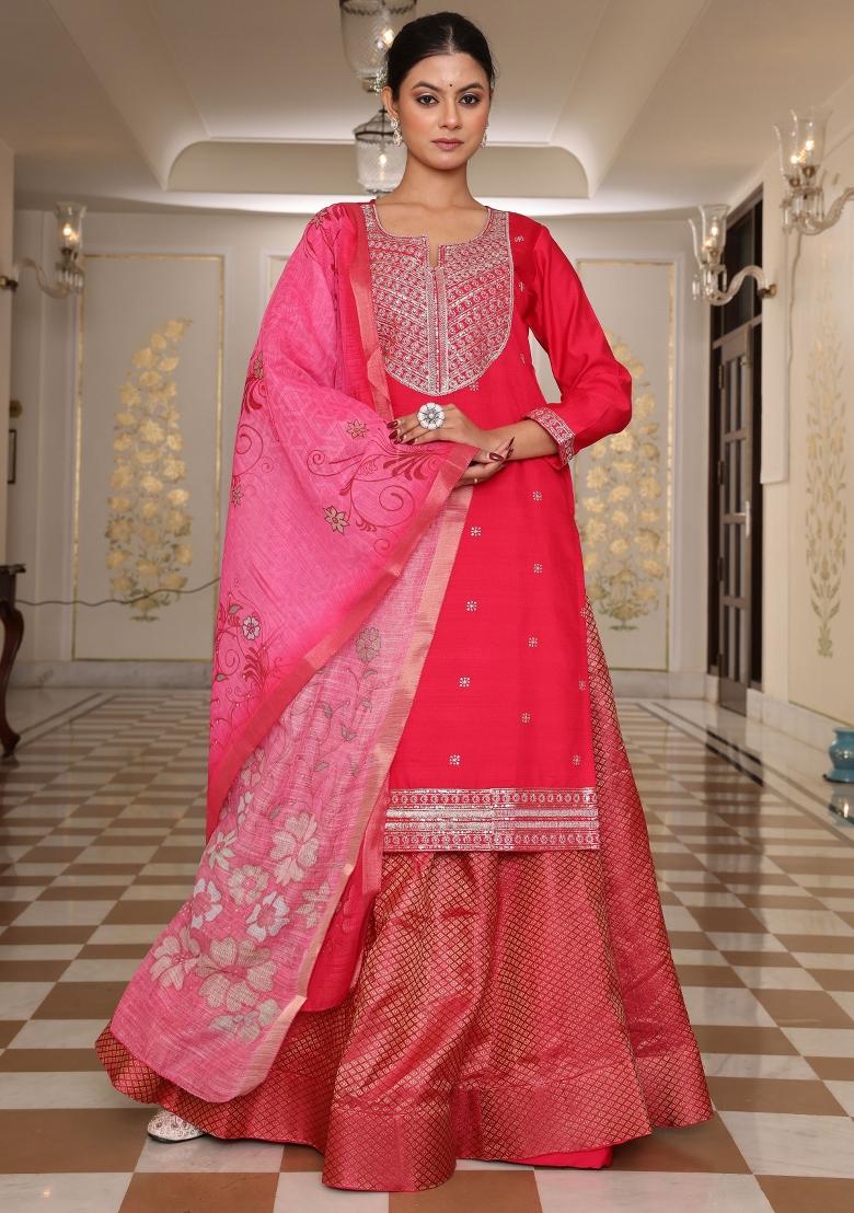 Pink Resham Embroidery Art Silk Kurta Set - Indya