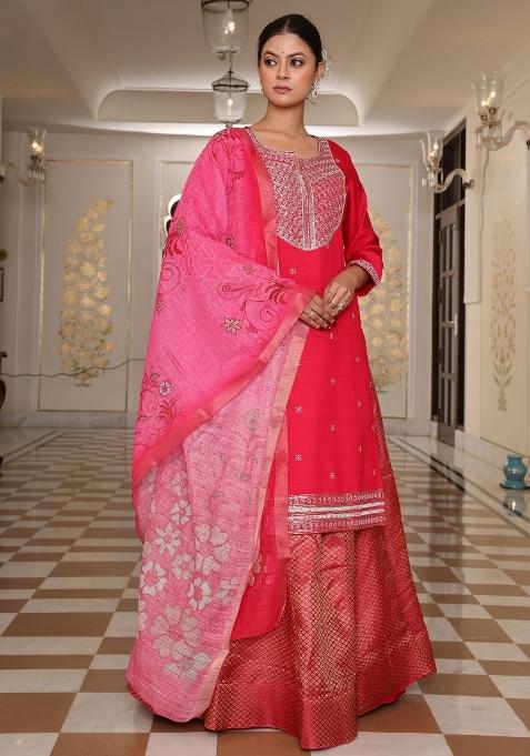 Pink Resham Embroidery Art Silk Kurta Set