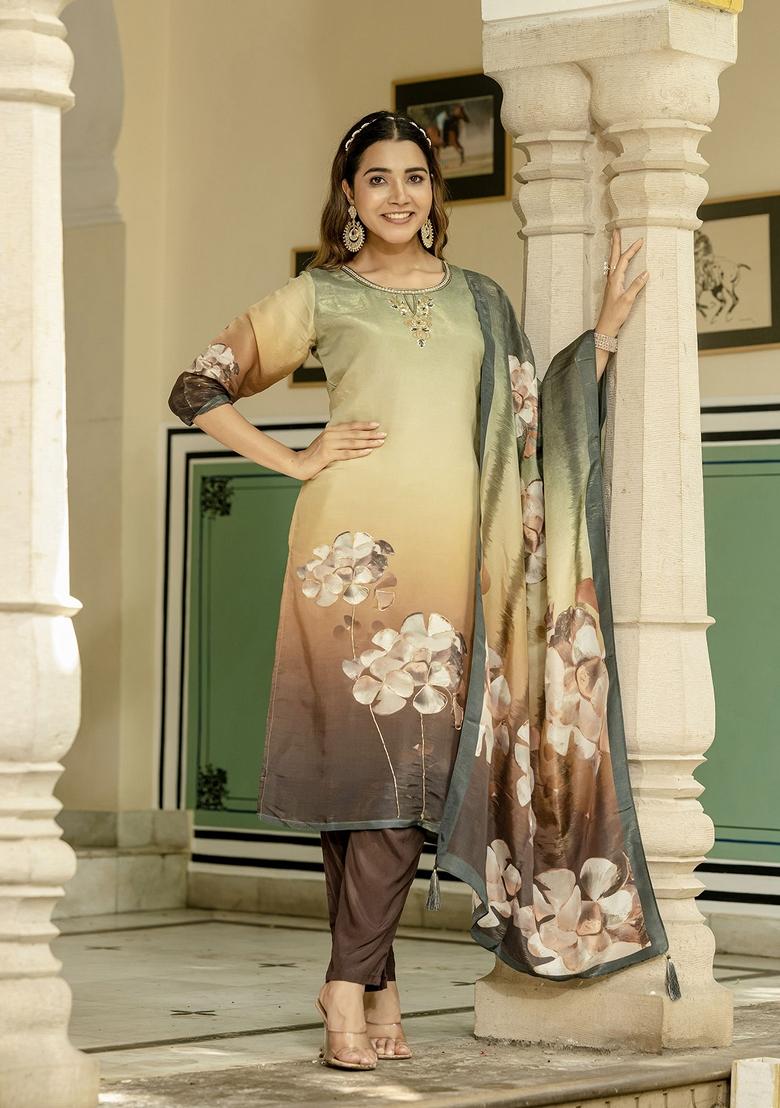 Green Abstract Print Art Silk Kurta Set - Indya