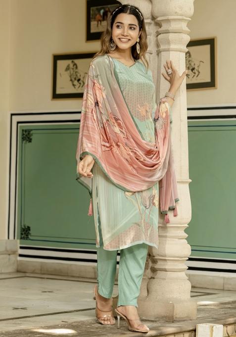 Sea Green Abstract Print Crepe Kurta Set