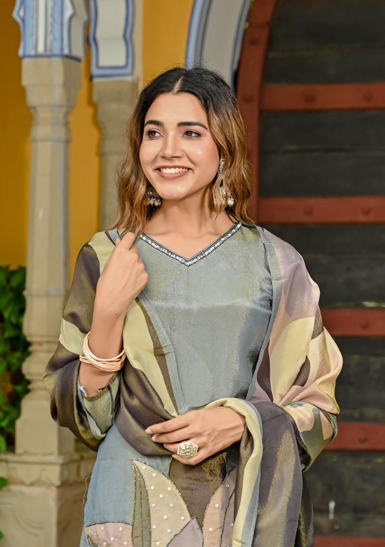 Grey Abstract Print Art Silk Kurta Set - Indya