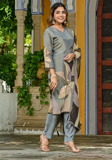 Grey Abstract Print Art Silk Kurta Set