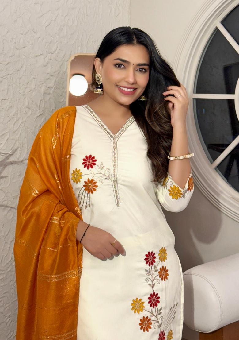 Cream Abstract Print Cotton Silk Kurta Set - Indya