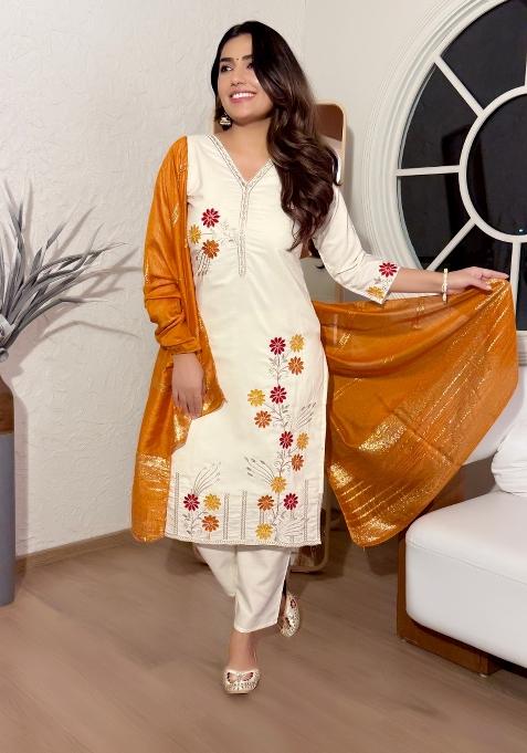Cream Abstract Print Cotton Silk Kurta Set