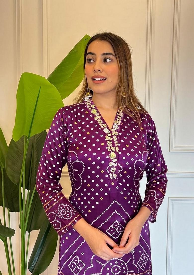 Lavender Abstract Print Viscose Kurta Set - Indya