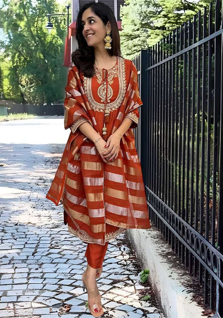 Orange Striped Chanderi Straight Kurta Set - Indya