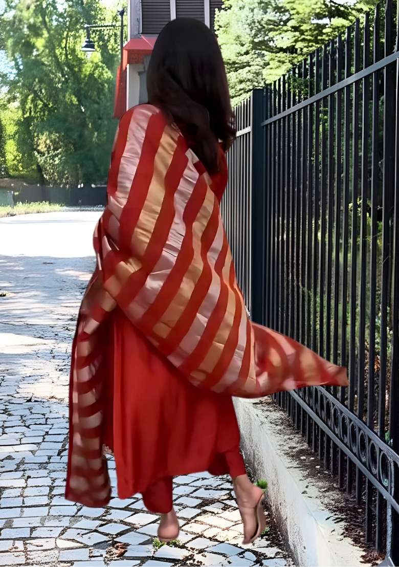 Orange Striped Chanderi Straight Kurta Set - Indya