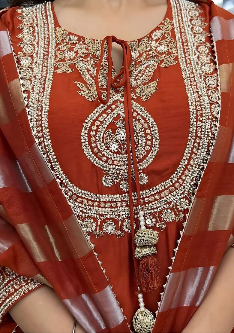 Orange Abstract Print Chanderi Kurta Set - Indya