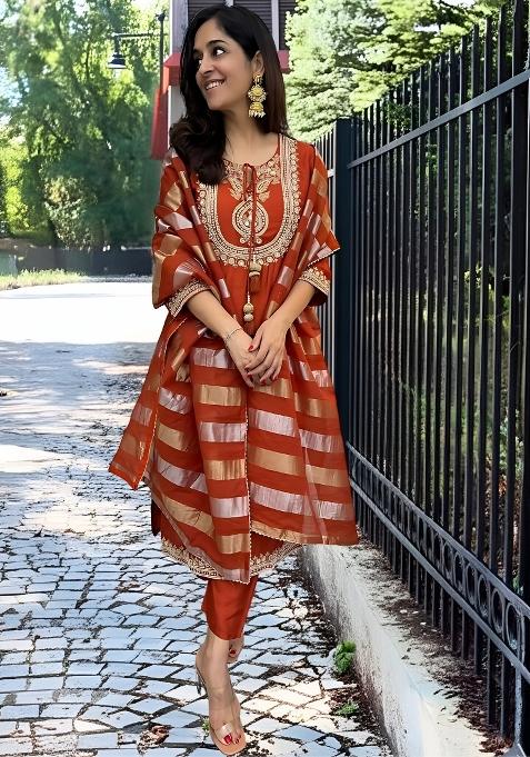 Orange Abstract Print Chanderi Kurta Set