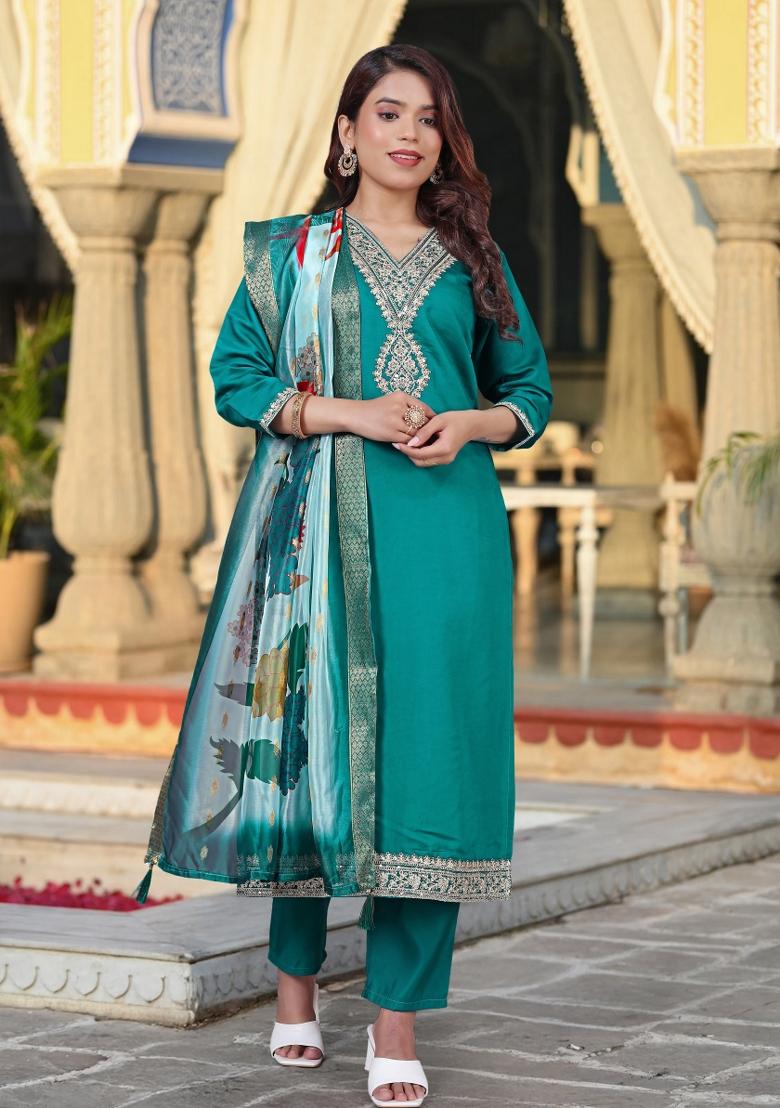 Teal Abstract Print Chanderi Kurta Set - Indya