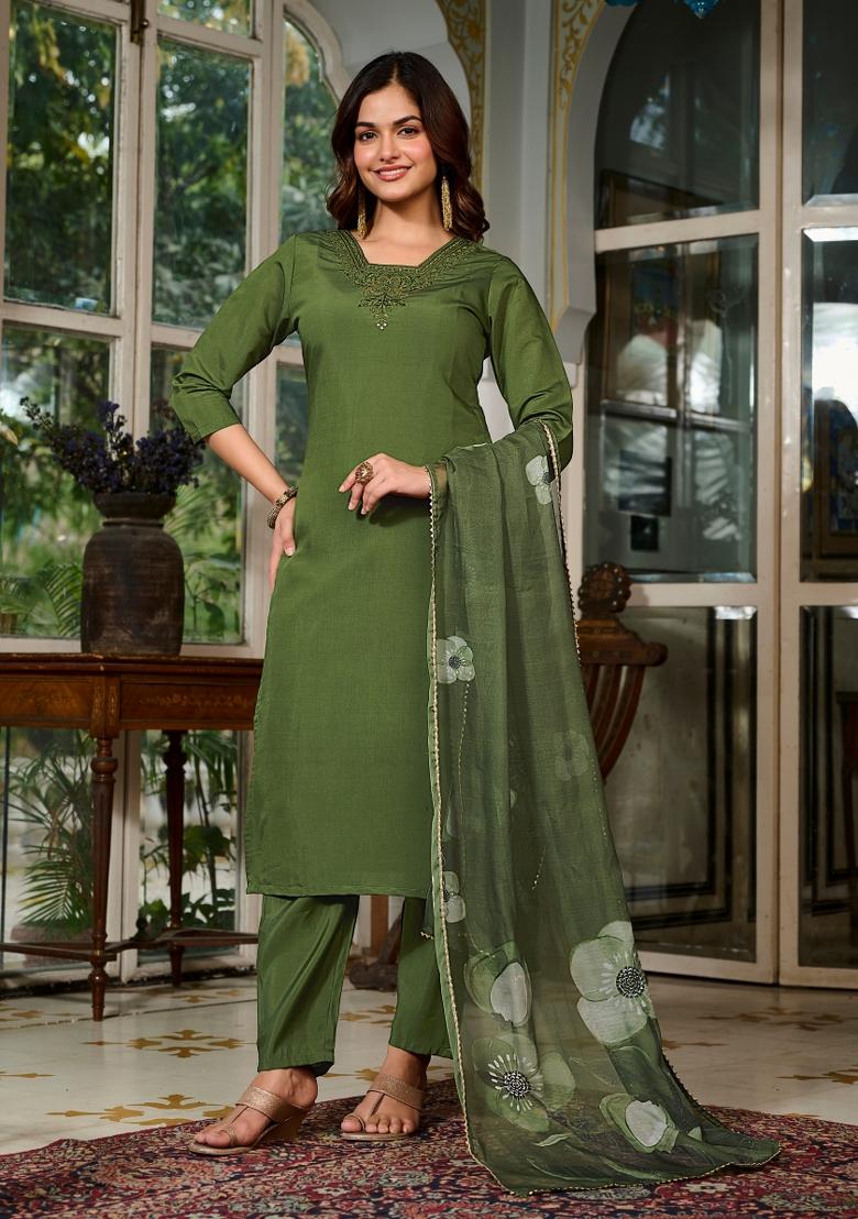 Green Abstract Print Viscose Kurta Set - Indya