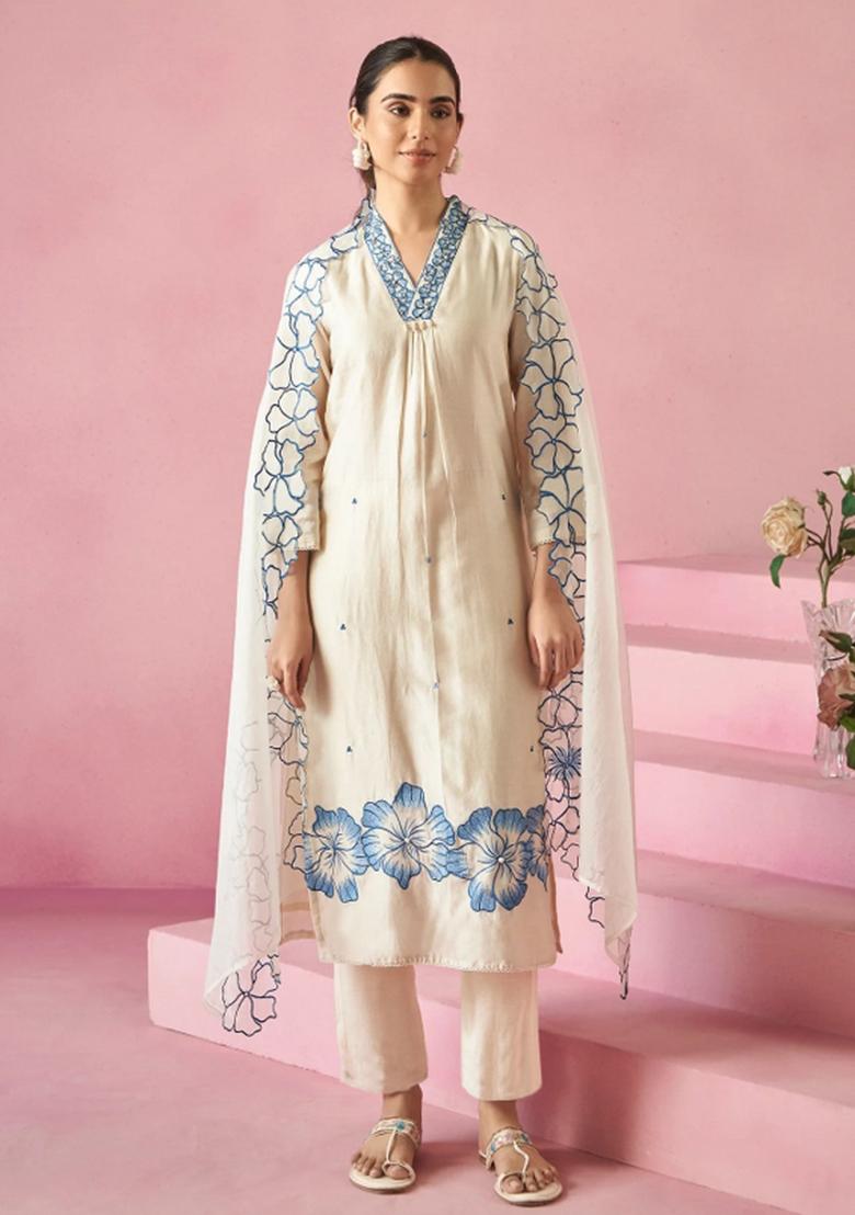 Off White Abstract Print Viscose Kurta Set - Indya
