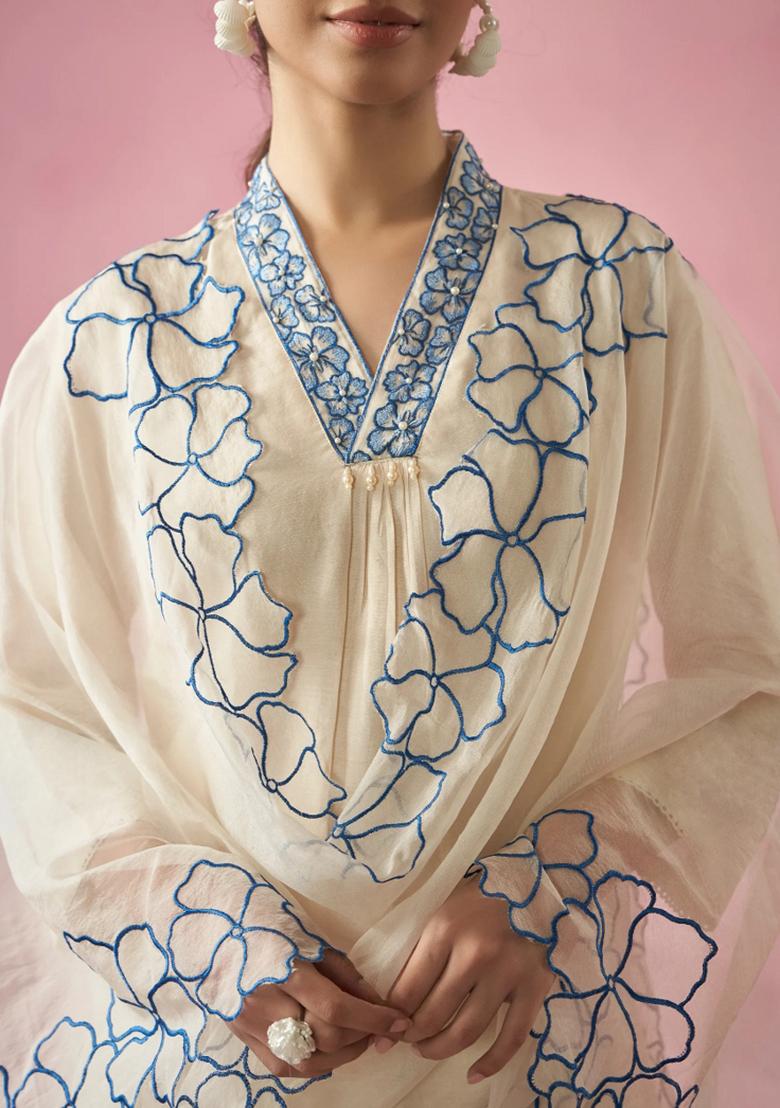 Off White Abstract Print Viscose Kurta Set - Indya