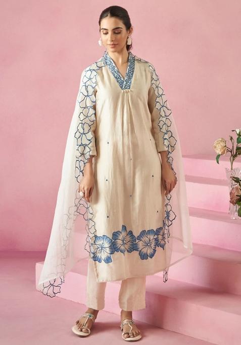 Off White Abstract Print Viscose Kurta Set
