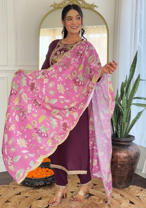 Wine Abstract Print Viscose Kurta Set