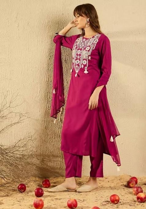 Burgundy Abstract Print Viscose Kurta Set