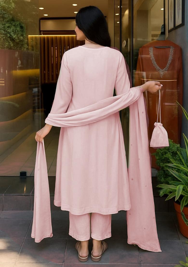 Pink Abstract Print Chanderi Kurta Set - Indya