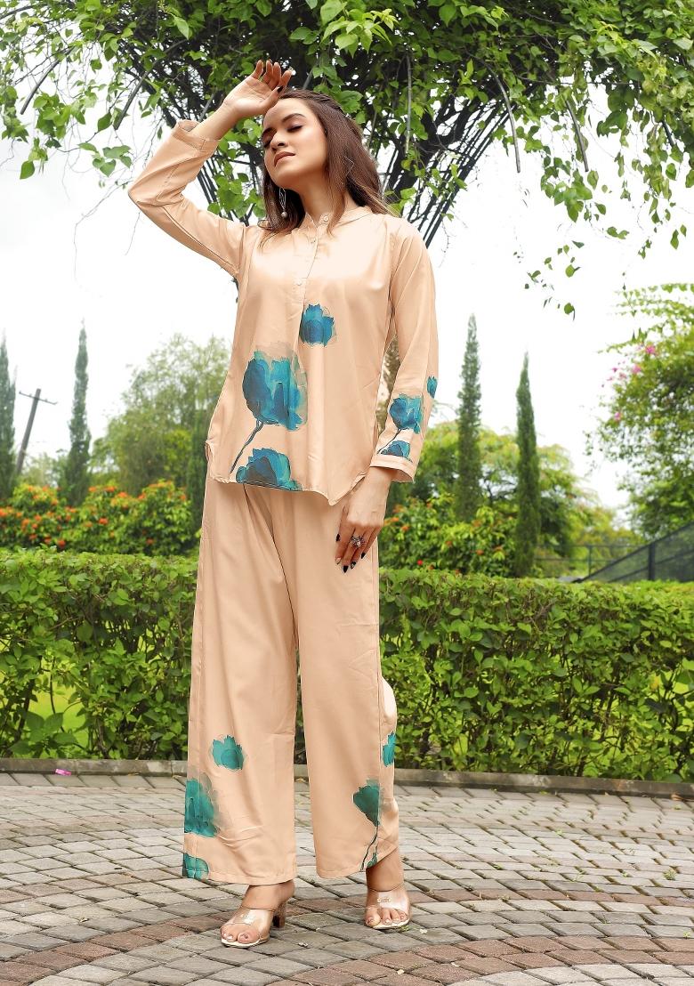 Peach Abstract Print Rayon Kurta Set - Indya