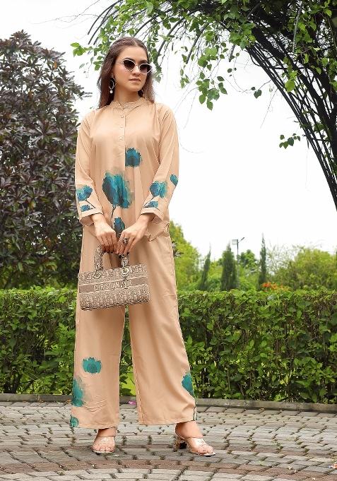 Peach Abstract Print Rayon Kurta Set